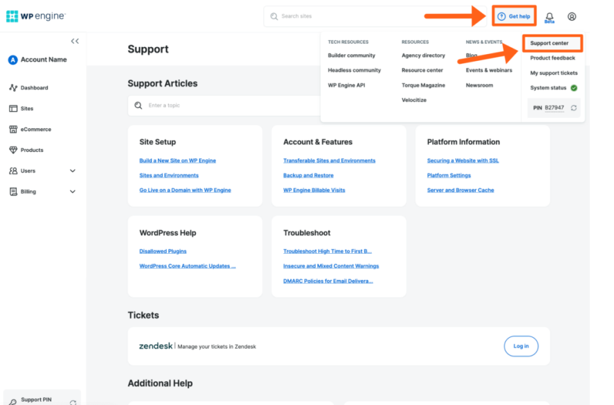 accessing wpengine support center through the hosting dashboard