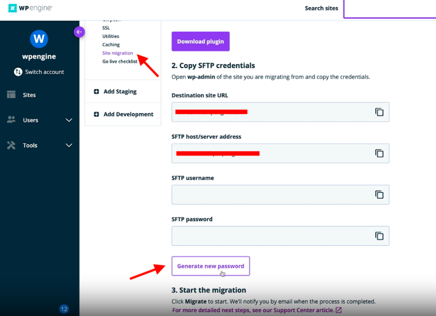 Add site to migration site in WP engine