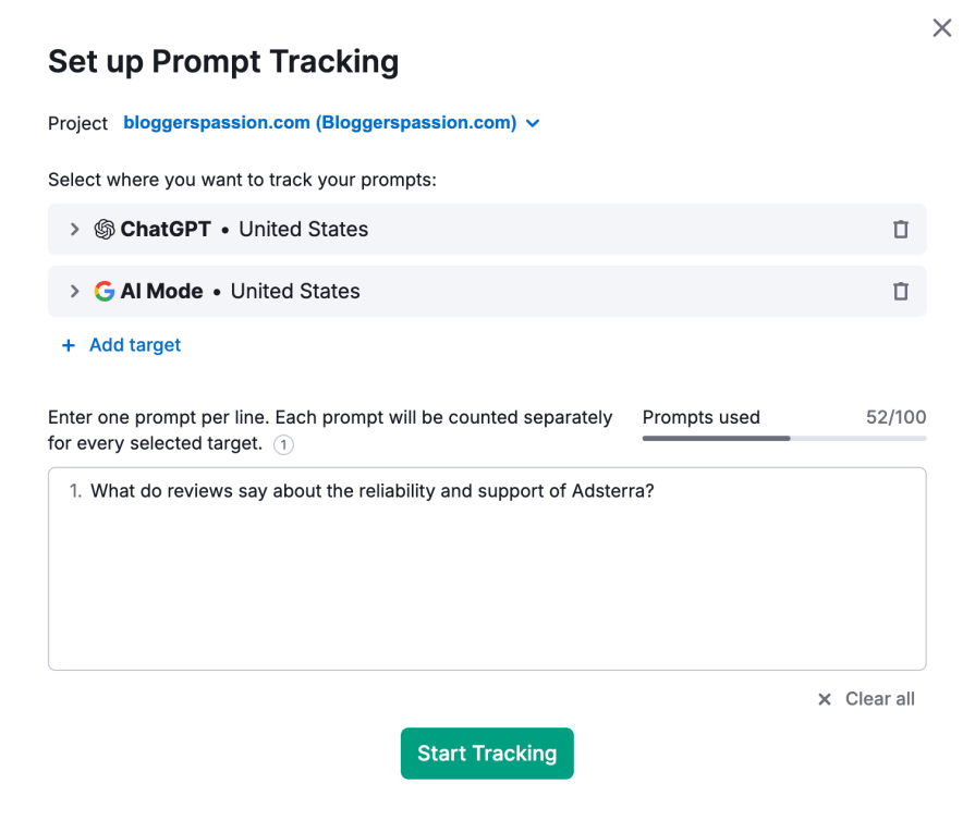ai brand prompt tracking in semrush