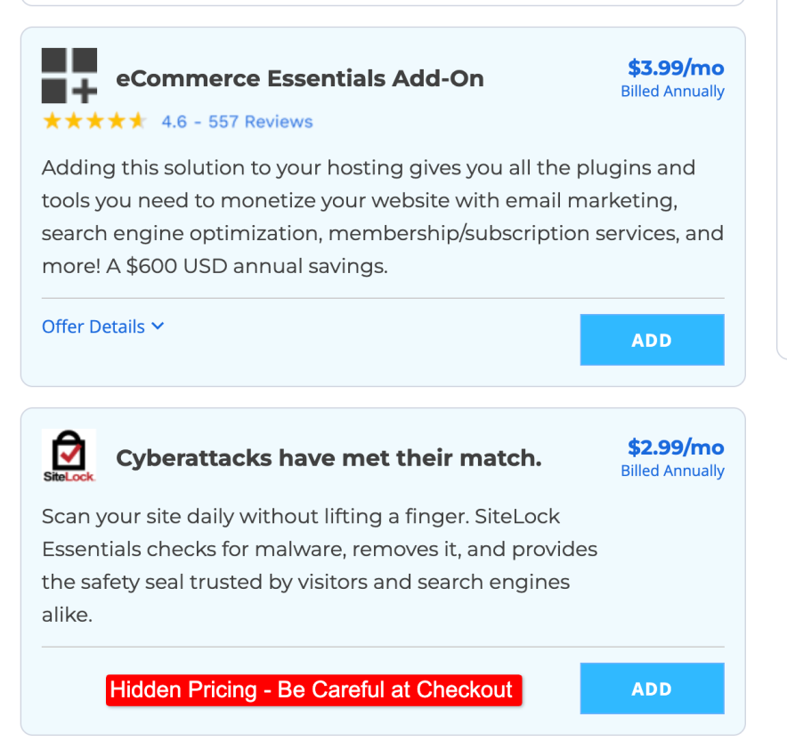 be careful of bluehost hidden costs at a checkout page