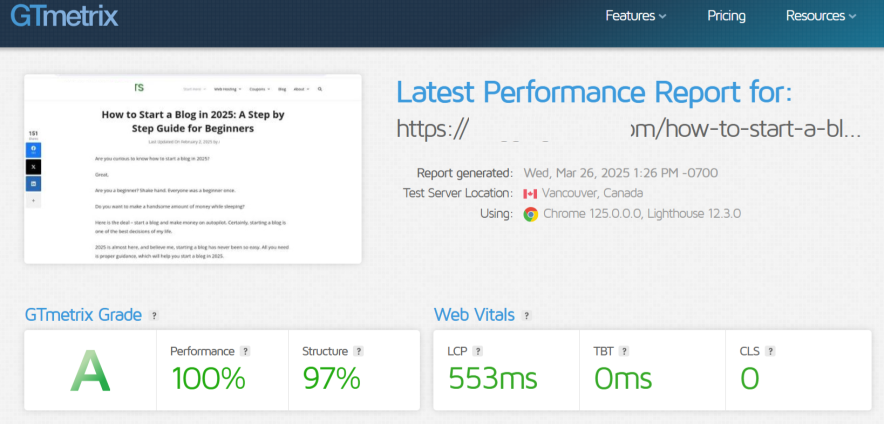 cloudways page loading time result