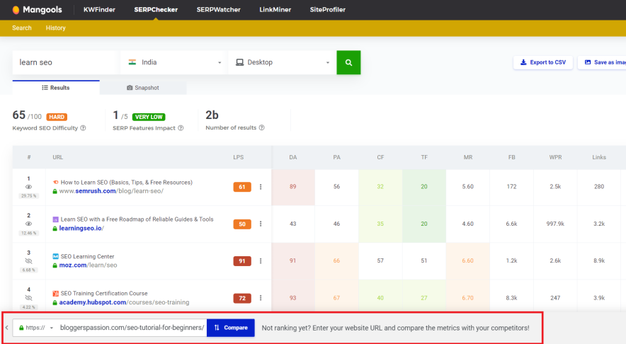 comparing your page seo metrics vs others - mangools competitive analysis