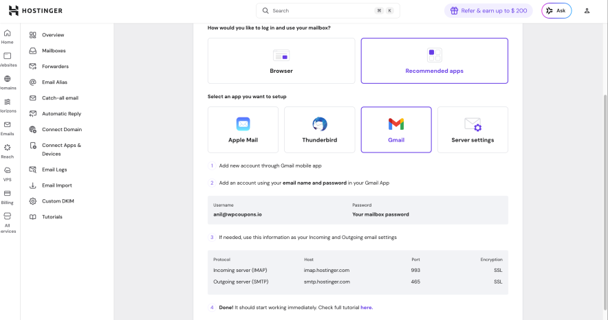 configure email service with gmail or apple in a single click