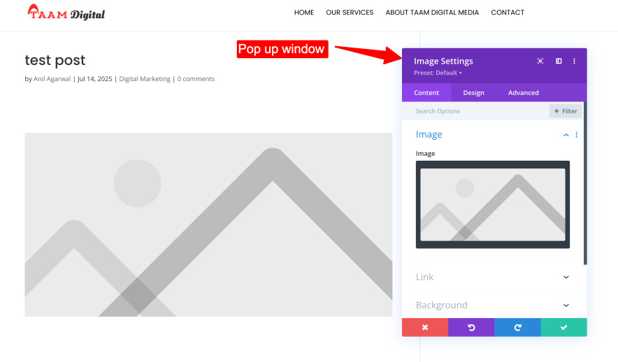 divi builder popup window