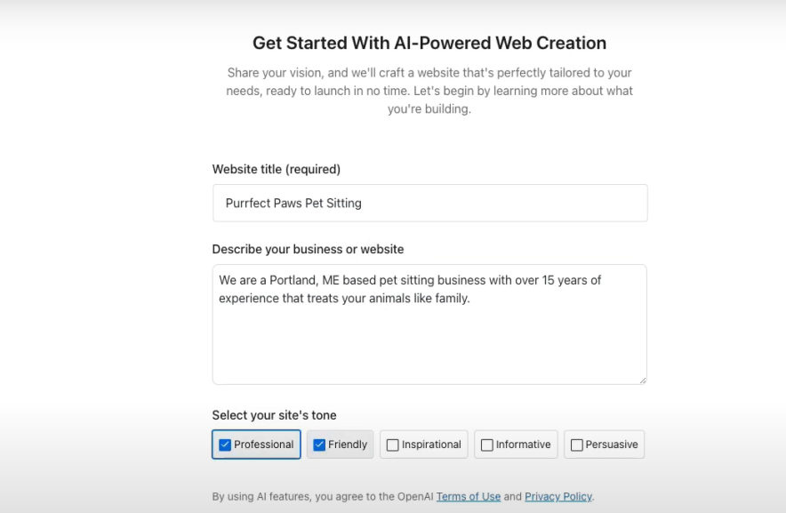 dreamhost ai website builder prompt