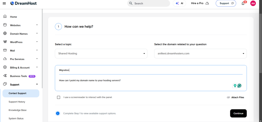 dreamhost customer support window