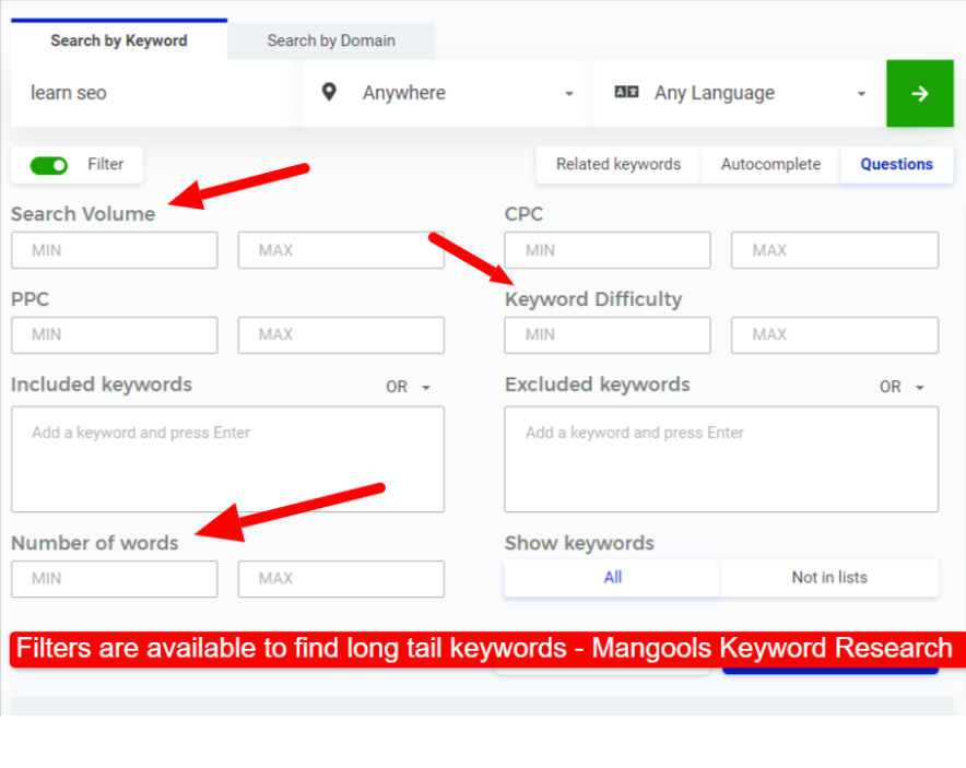filters are available to find long tail keywords - mangools keyword research