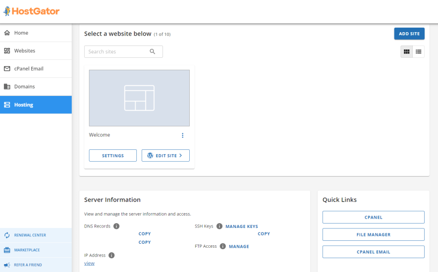 HostGator dashboard