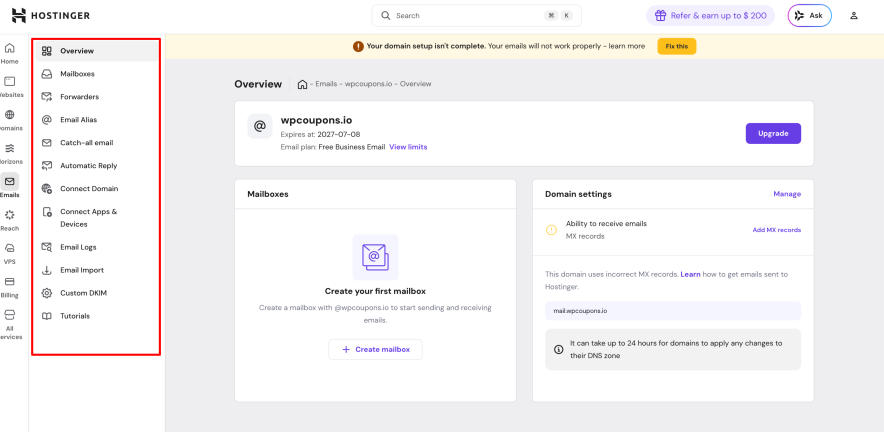 hostinger email service dashboard