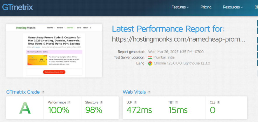 hostinger fastest hosting page loading time result