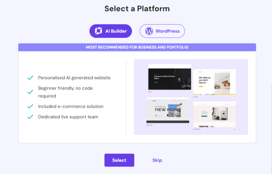 hostinger ai website builder helps in getting site live as quickly as possible without coding.