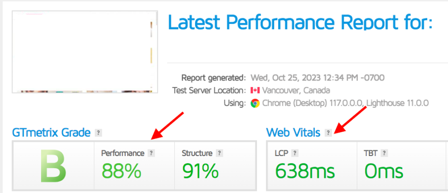 Hostpapa speed test results on GTMetrix 