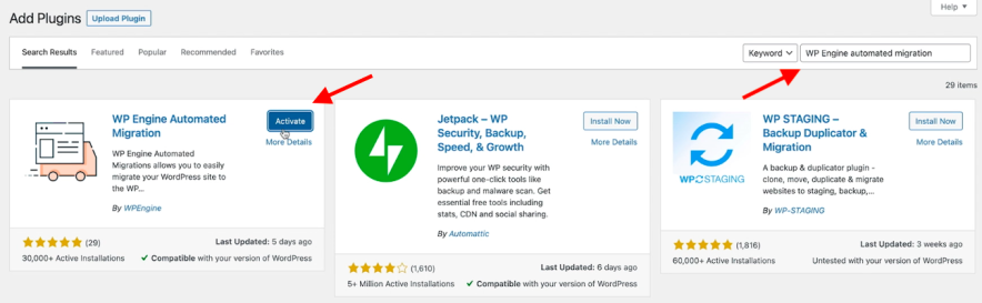 Install wp engine automated migration plugin