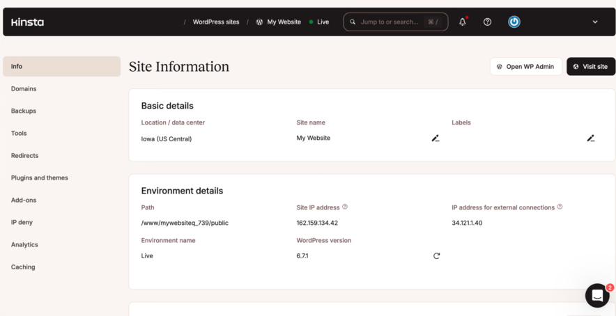 Kinsta dashboard 2
