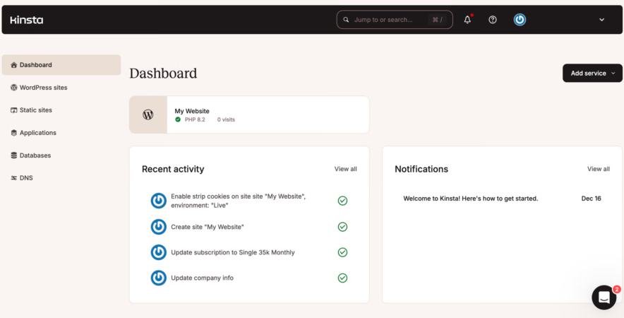 kinsta dashboard
