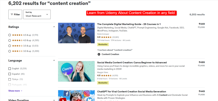 learn about content creation from site like udemy