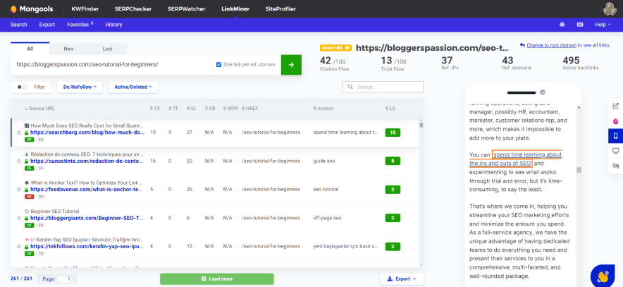 mangools link builder dashboard