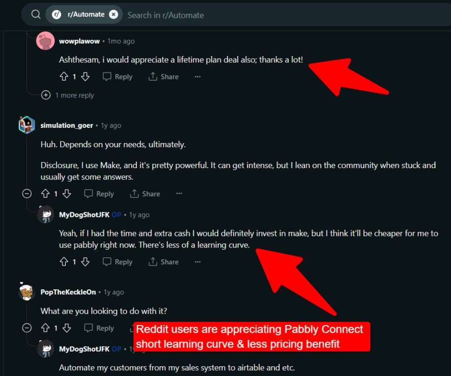 reddit users are appreciating pabbly connect about less pricing and less learning curve