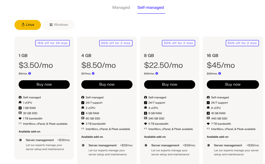 self managed hosting plans