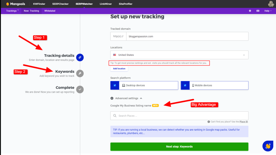 serpwatcher mangools dashboard