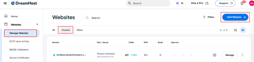 showing hosted sites in dreamhost user interface