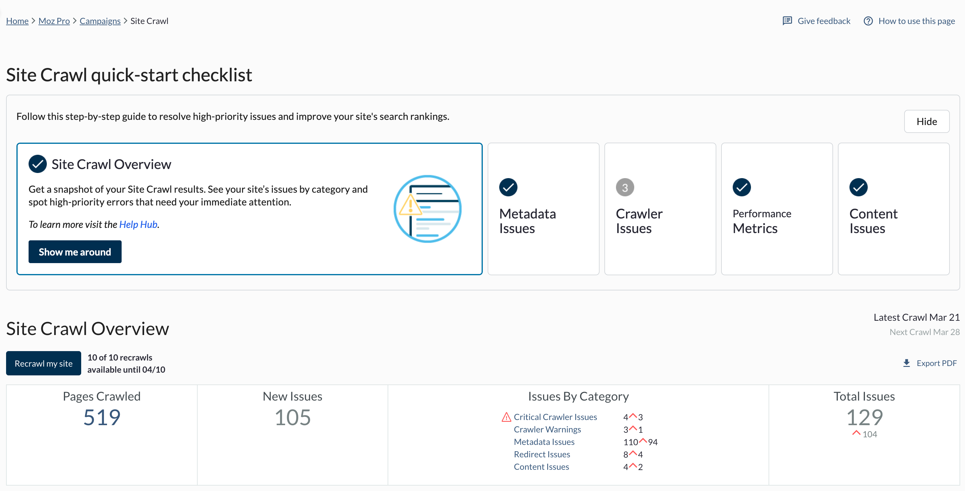 Site audit in Moz