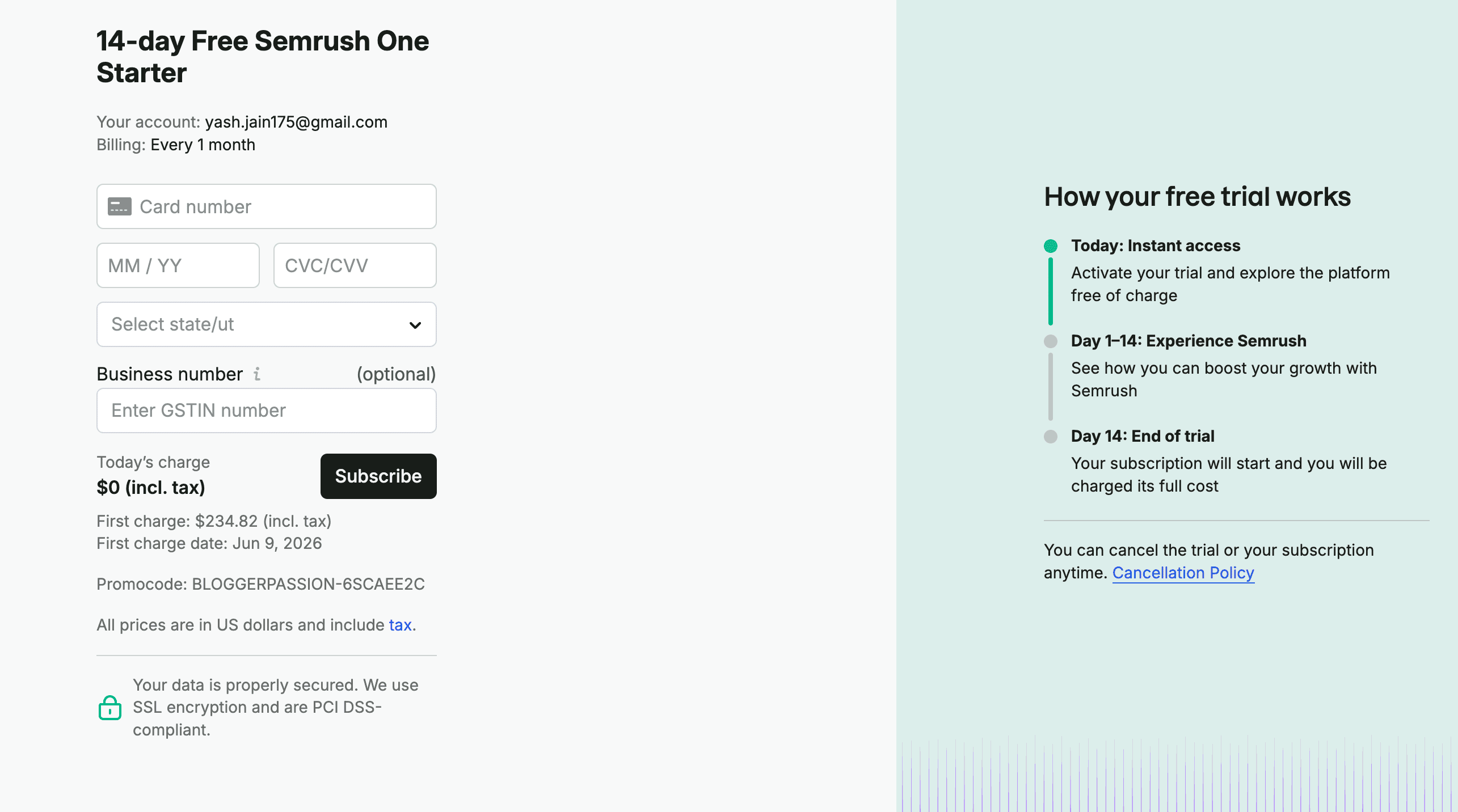 Step 3- Checkout with your free trial