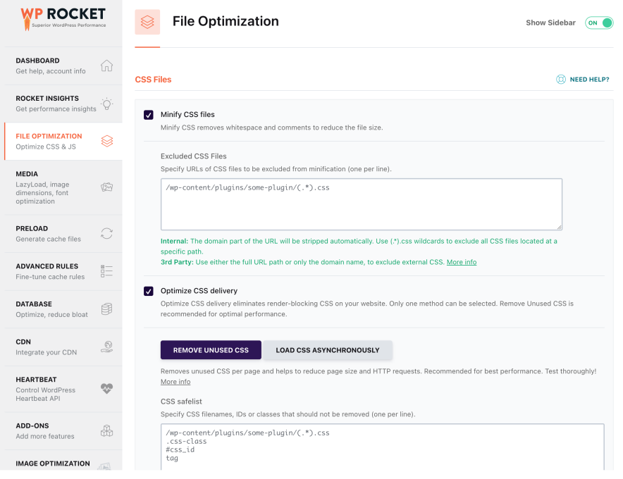 WP Rocket File Optimization tab