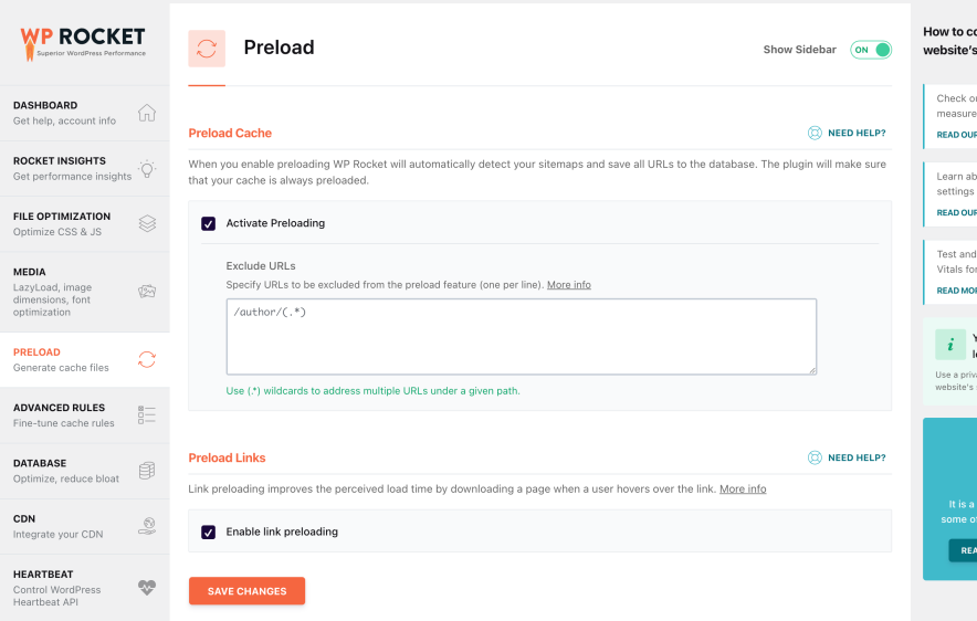 WP Rocket preload tab