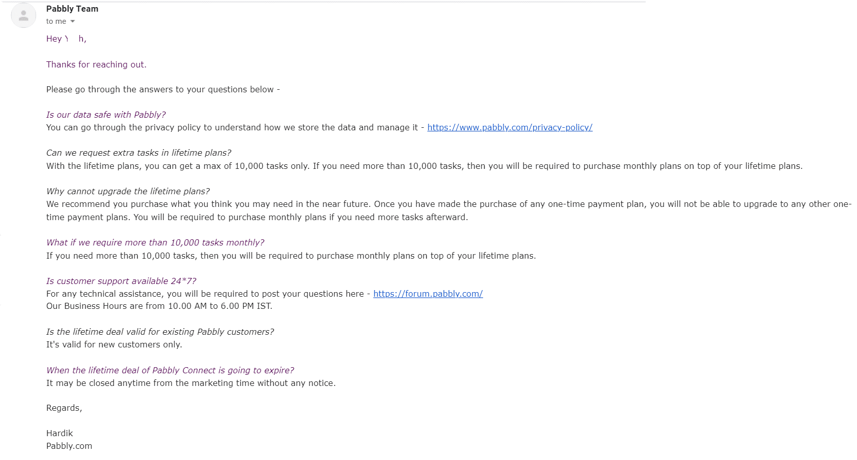 before sales customer support of pabbly connect