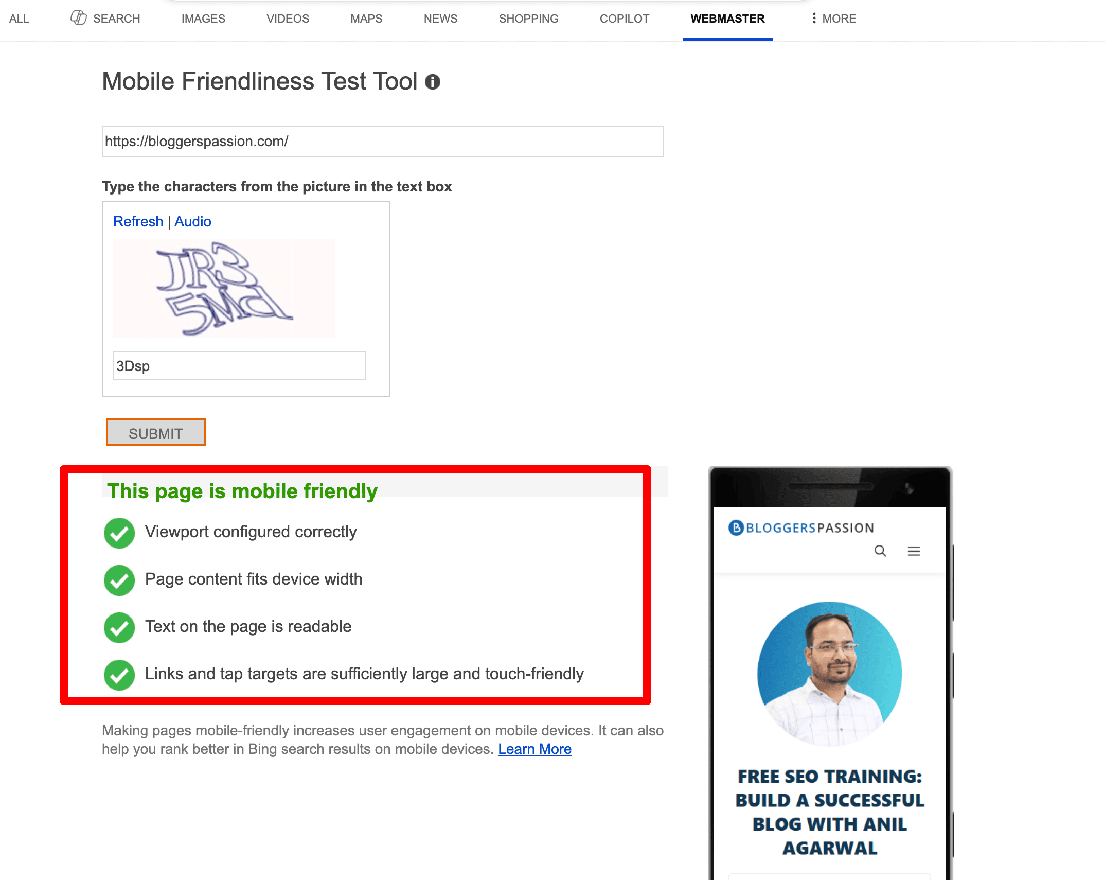 bing mobile friendly test