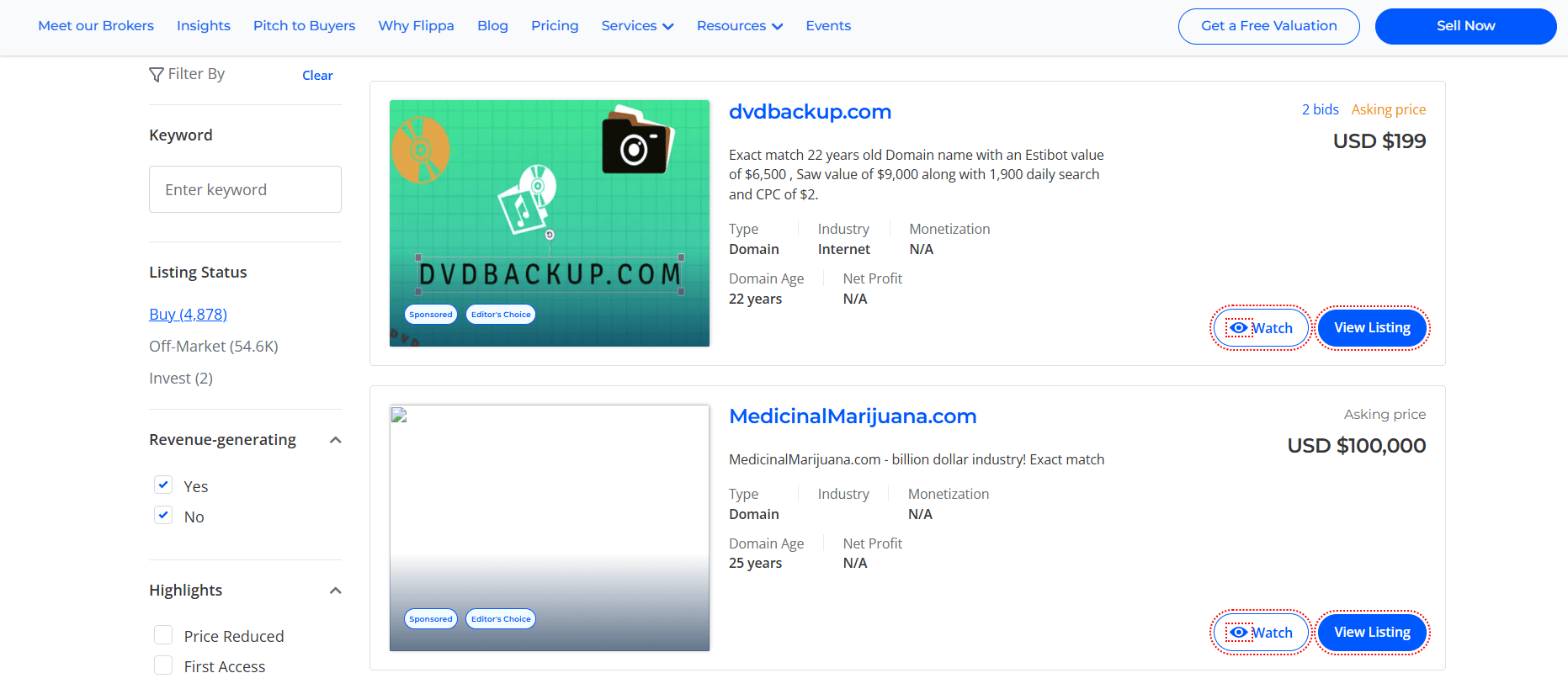 buy domain names for sale flippa