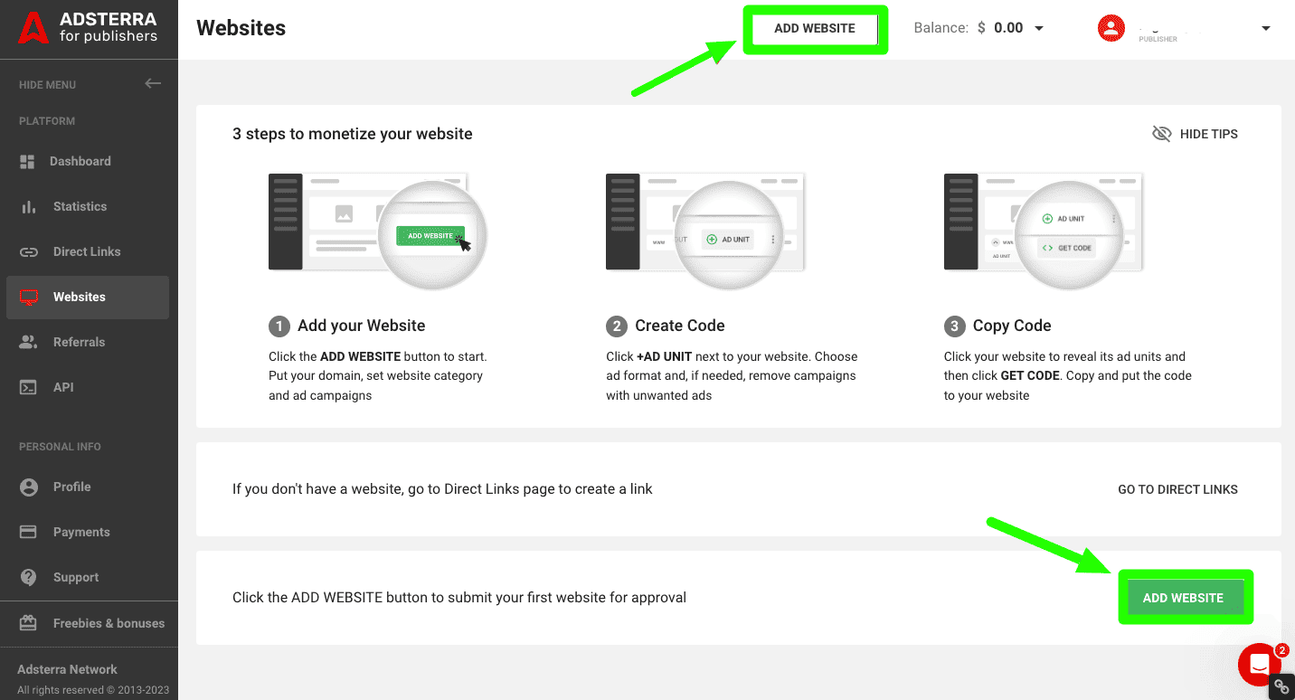 Click on the add website button to add your website on adsterra.