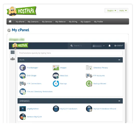 control panel of HostPapa