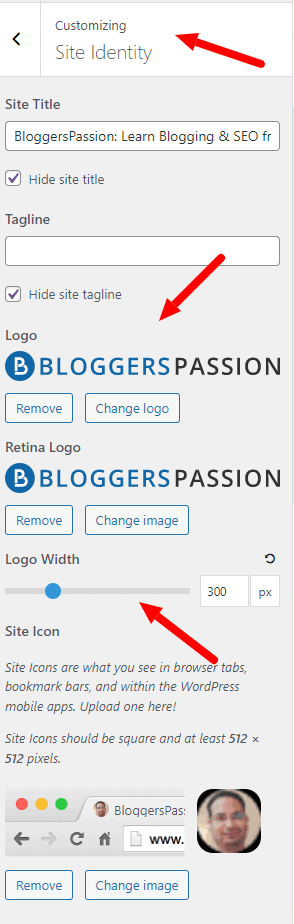 customizing site identity options in generatepress