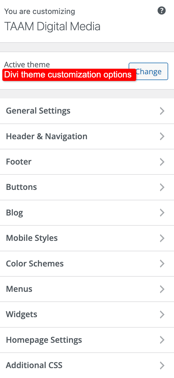 divi theme customization options accessible from wordpress dashboard
