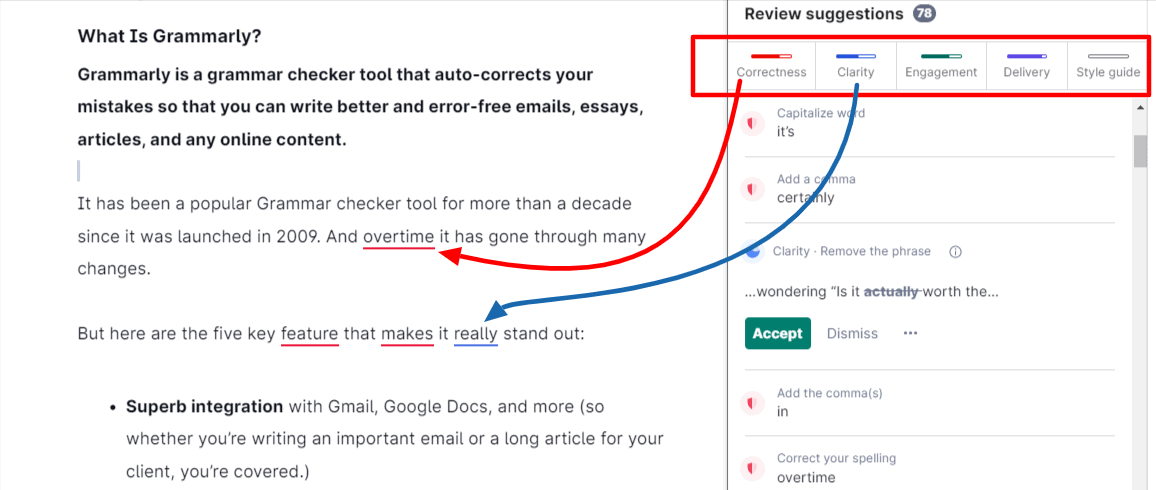 grammarly suggestions demonstration inside the app