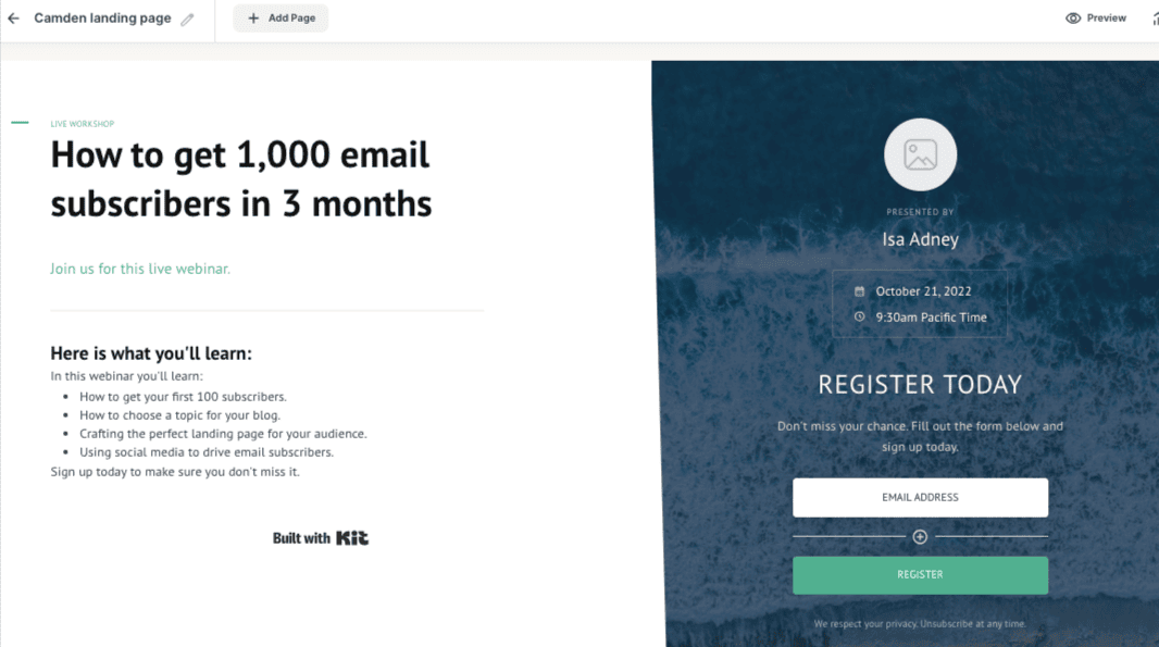 Kit.com Landing Page builder