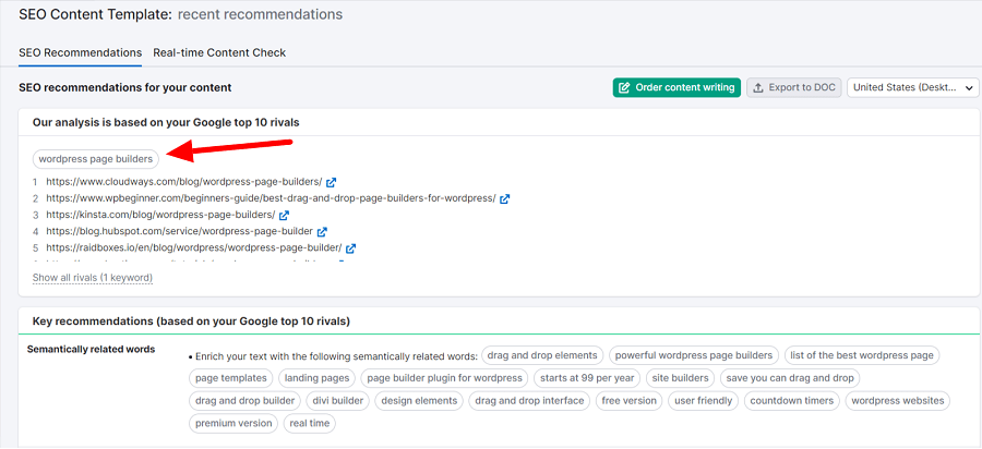 Semrush SEO Content template feature