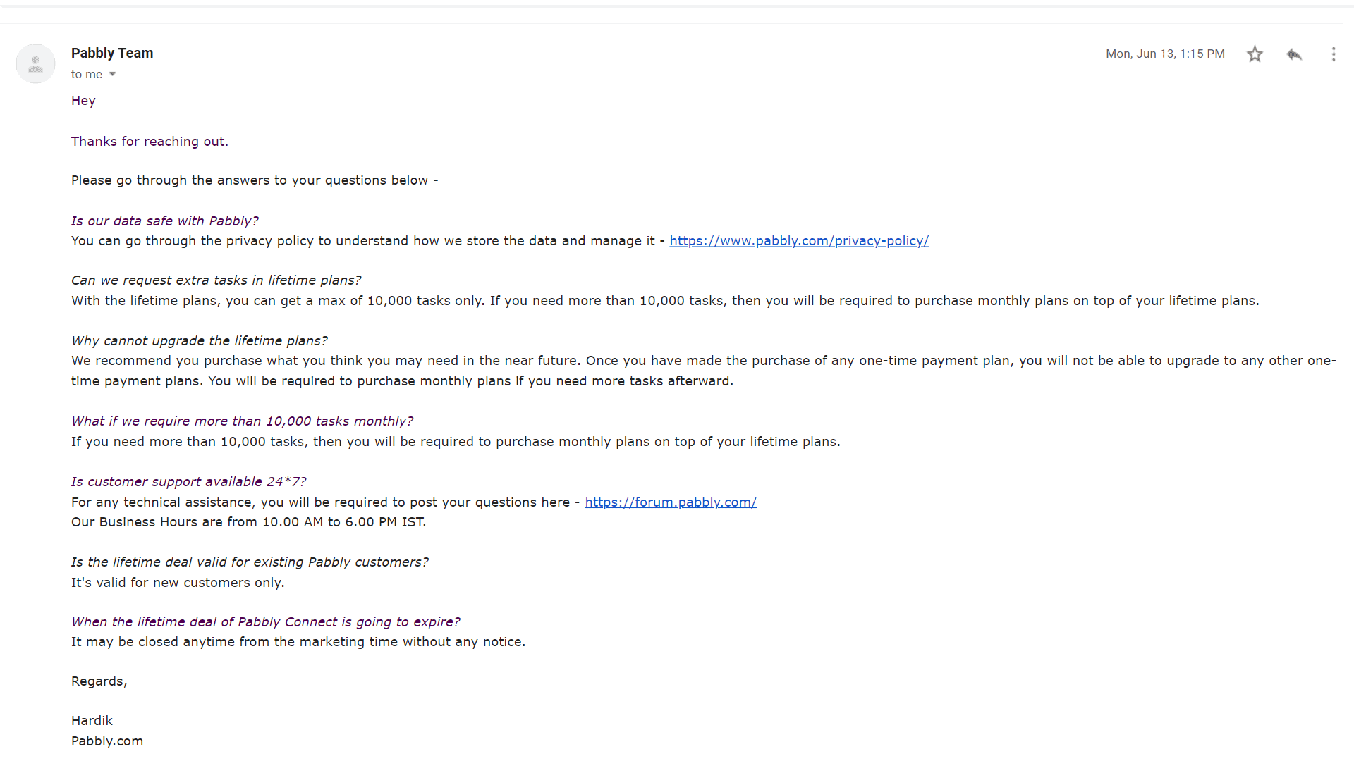 screenshot of the conversion we had with the pabbly team